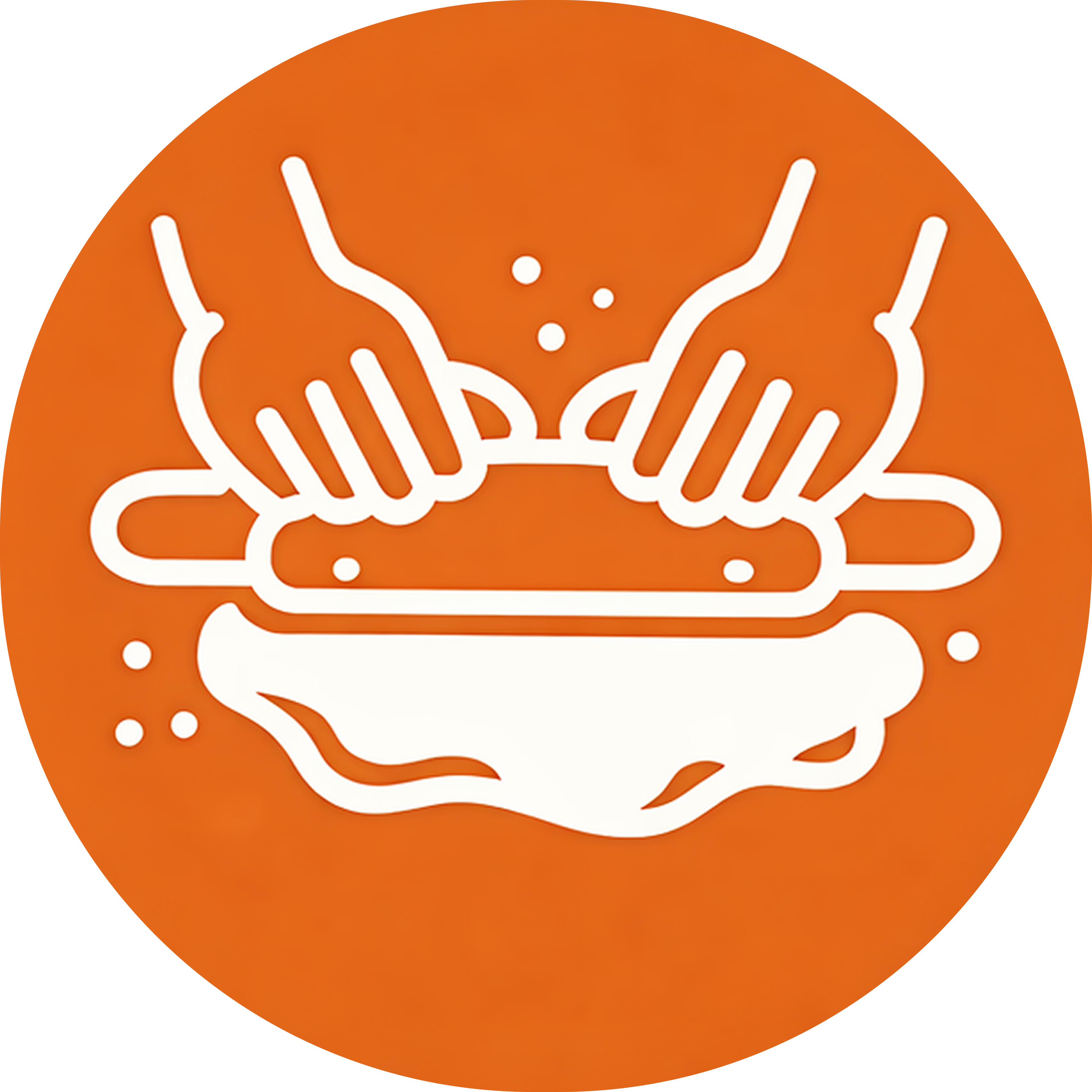 White icon of hands rolling out dough on an orange circle background