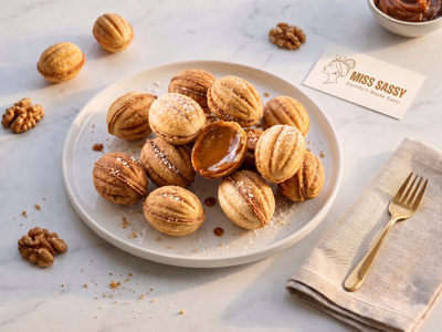 A plate of walnut-shaped pastries topped with caramel and powdered sugar, styled on a marble surface with walnuts, a napkin, a gold fork, and a card reading Miss Sassy.