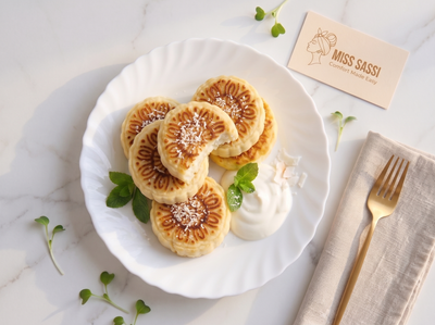 A styled food presentation of several golden-brown pancakes topped with shredded coconut, served on a white plate with a dollop of whipped cream and mint leaves. A beige napkin with a gold fork sits to the right, and a small card reading 'MISS SASSI' is placed above the plate on a light marble surface.