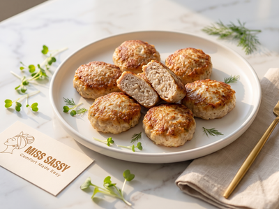 A white plate of golden-brown fried patties, with one cut open to show the textured interior, styled on a marble surface with microgreens, a napkin, gold cutlery, and a card reading MISS SASSY.