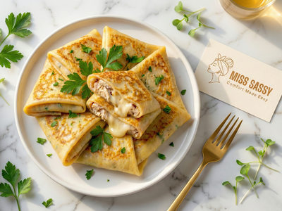 Folded crepes with chicken and cheese on a white plate with a gold fork, surrounded by fresh herbs on a marble surface. A business card for 'Miss Sassy' is also visible.