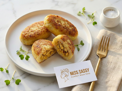 Three golden-brown patties on a white plate with a 'Miss Sassy' business card and gold fork.