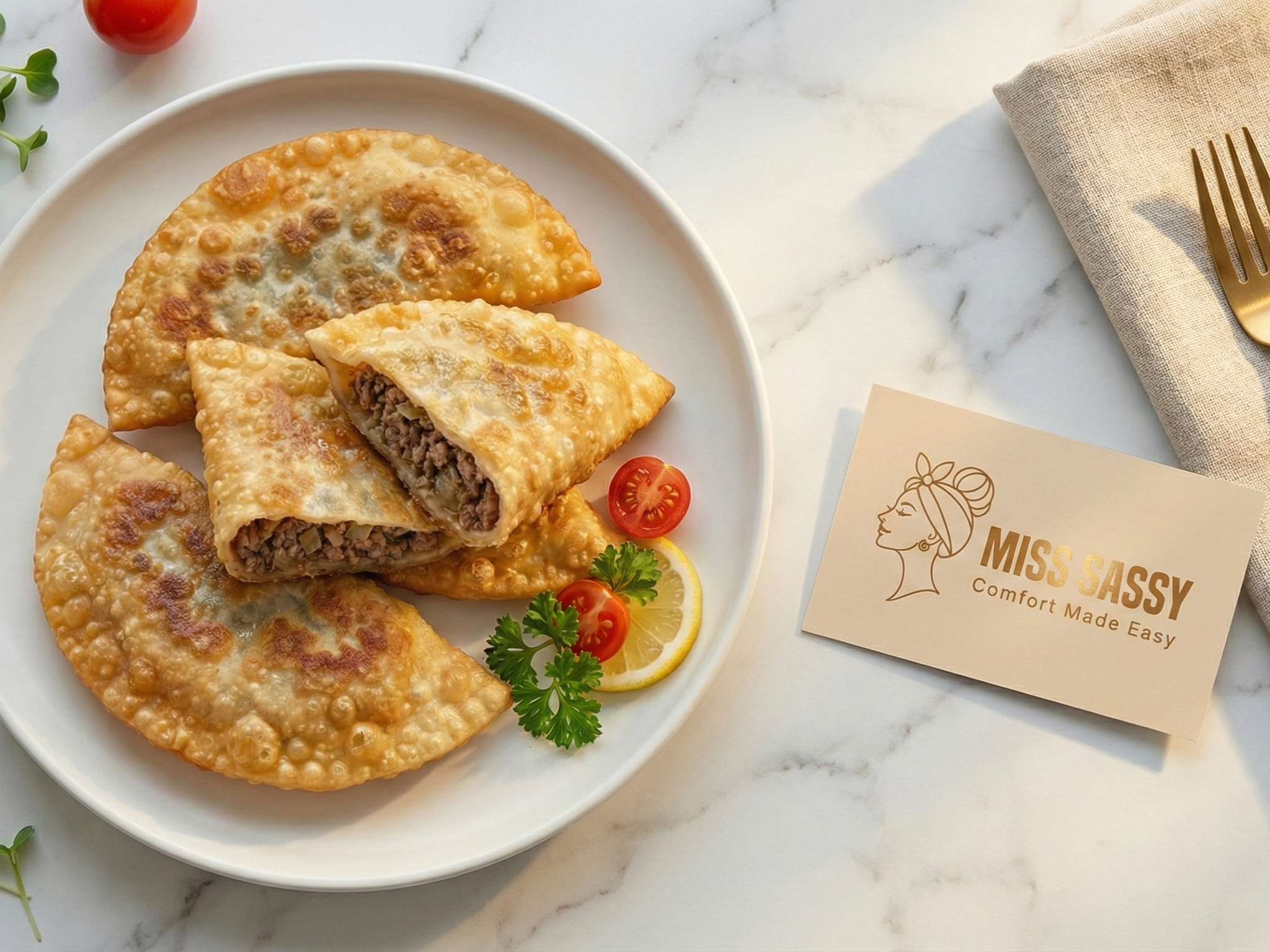 Fried pastries on a plate with a lemon wedge and tomatoes, accompanied by a business card for 'Miss Sassy'.