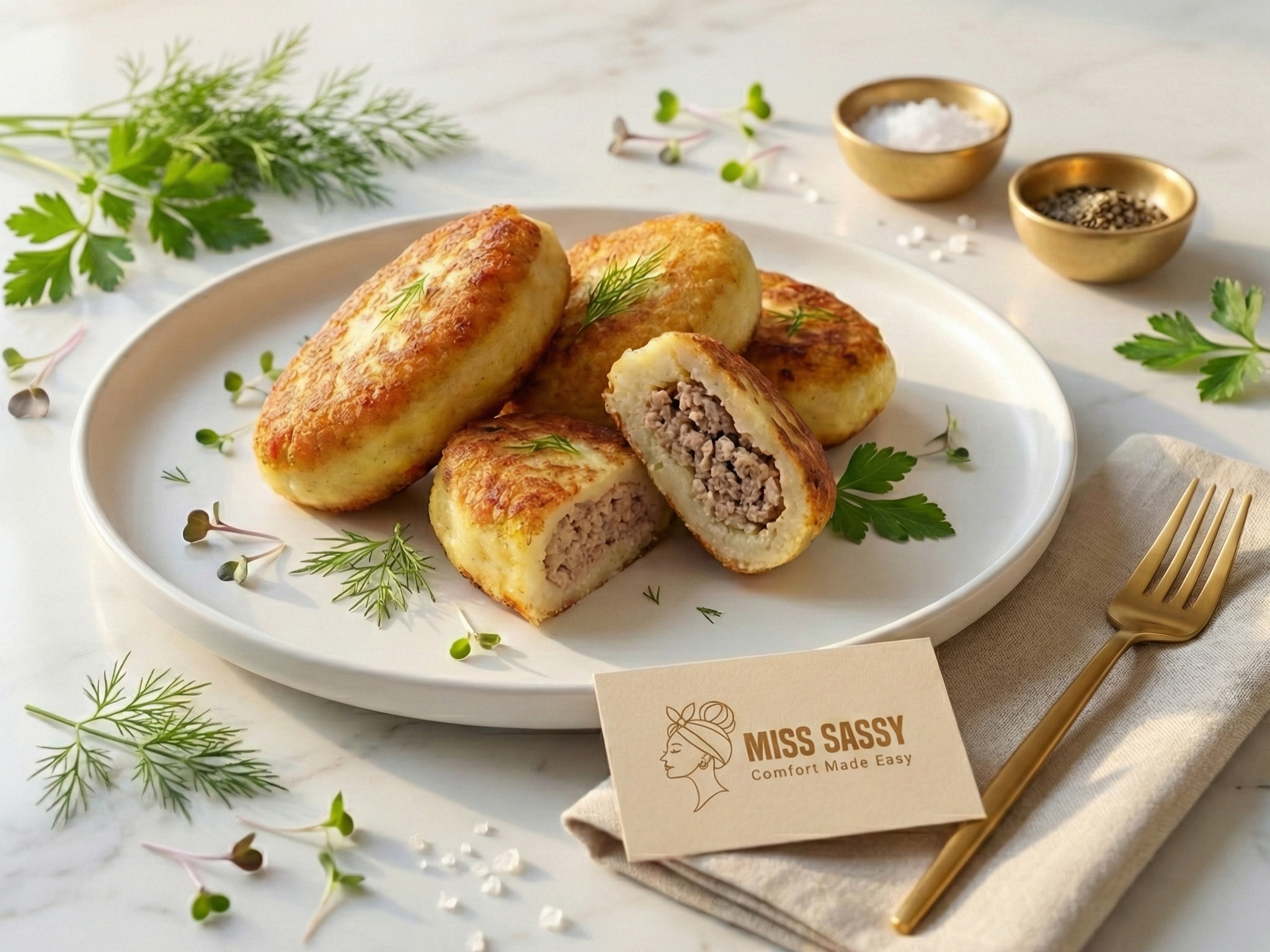 Plated dish of golden-brown meat-filled pastries with a 'Miss Sassy' card on a light background.