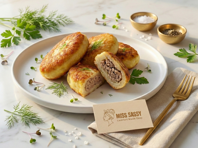 Plated dish of golden-brown meat-filled pastries with a 'Miss Sassy' card on a light background.