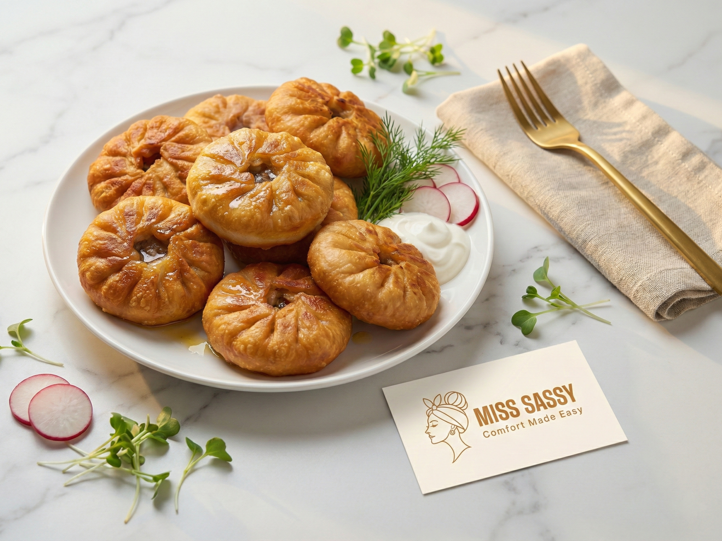 Platter of baked pastries with a side of cream, radishes, and a 'Miss Sassy' branded card on a marble surface.