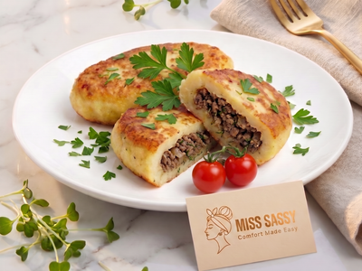 Two golden-brown baked potato cakes, one cut open to show a savory meat filling, garnished with parsley on a white plate. The plate is styled with two cherry tomatoes, microgreens, a gold fork on a beige napkin, and a 'MISS SASSY Comfort Made Easy' card on a white marble surface.