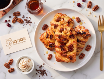 Three flaky pastry breads topped with dried cranberries and pecans are arranged on a white plate on a marble surface. A Miss Sassy card, a small bowl of whipped cream, scattered pecans, chocolate shavings, a drink, and a gold fork are styled around the plate.