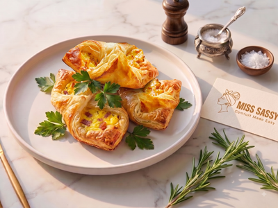 Three baked puff pastry pastries with cheese and egg filling, garnished with parsley, served on a large white plate on a marble surface. A card reading 'Miss Sassy Comfort Made Easy' and small dining props like salt, pepper, and rosemary are visible around the plate.