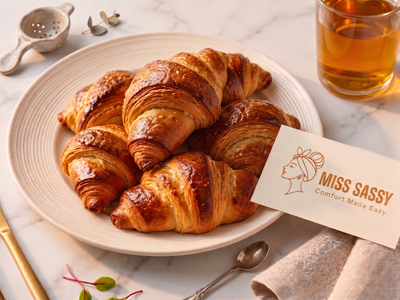 Six golden-brown baked croissants on a white plate, styled on a marble surface with a glass of iced tea, a small metal strainer, a spoon, and a card reading MISS SASSY Comfort Made Easy.