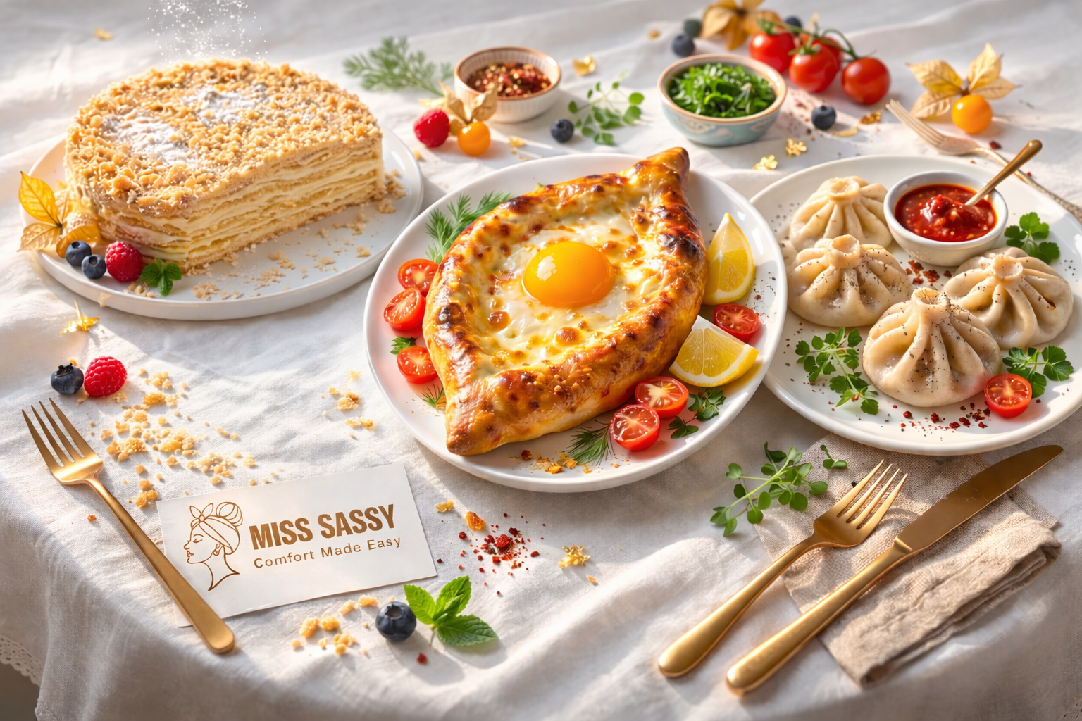 Dessert and appetizer platter with 'Miss Sassy' branding on a white tablecloth.