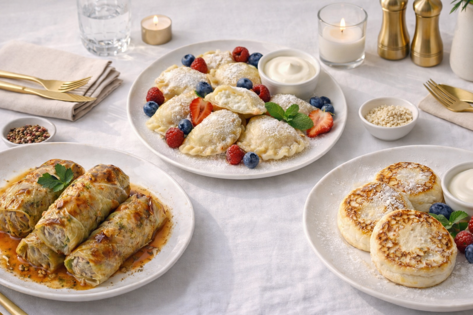 Dessert plates with pastries, berries, and cream on a white tablecloth.