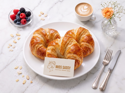 Three golden-brown flaky croissants on a white plate with a Miss Sassy logo card, styled on a white marble table with a cup of latte, berries, almonds, and a rose.