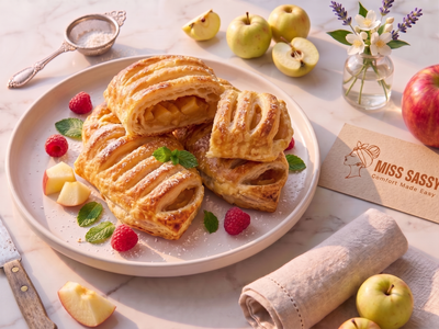 A plate of golden flaky apple pastries garnished with raspberries, mint, and powdered sugar, styled on a marble surface with apples, a napkin, flowers, and a card reading Miss Sassy Comfort Made Easy.