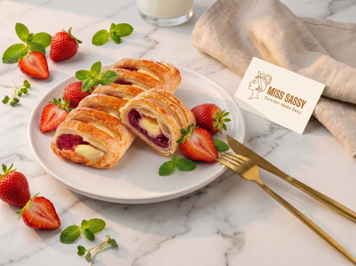 A plated pastry with sliced layers showing cream and berry filling, arranged on a white plate with strawberries, mint leaves, a gold fork, and a beige napkin. A card reading MISS SASSY is visible on the table.