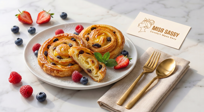 Two golden-brown spiral pastries topped with blueberries on a white plate, styled with strawberries, blueberries, raspberries, mint, gold cutlery, a beige napkin, and a card reading MISS GASSY Comfort Made Easy on a light marble surface.