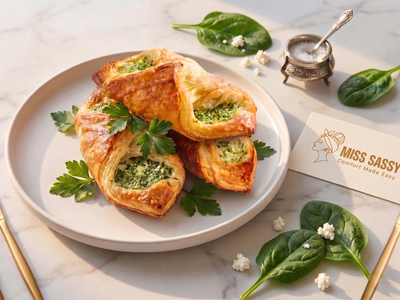 Three baked spinach and cheese pastries on a white plate, styled on a marble surface with spinach leaves, cheese cubes, a small metal dish, and a card reading Miss Sassy Comfort Food Every.