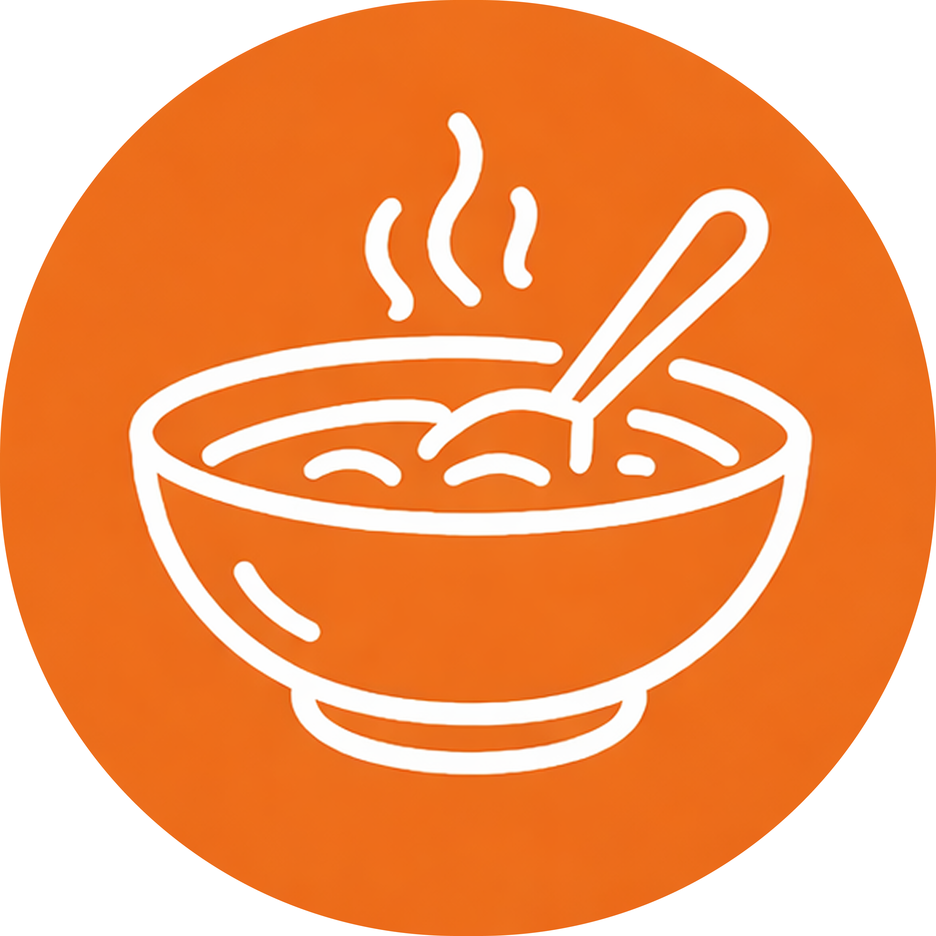Icon of a bowl of soup with a spoon on an orange background