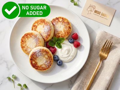 Four small golden-brown pancakes on a white plate with a swirl of white cream, blueberries, raspberries, and mint, styled on a marble surface with a green 'NO SUGAR ADDED' badge and a Miss Sassy card.