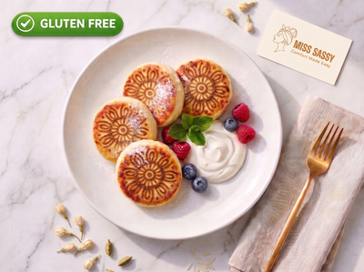 Four golden-brown pancakes with a floral sunburst pattern, served on a white plate with whipped cream, berries, and mint, styled on a marble surface with a gold fork, a green 'GLUTEN FREE' badge, and a 'Miss Sassy' card.