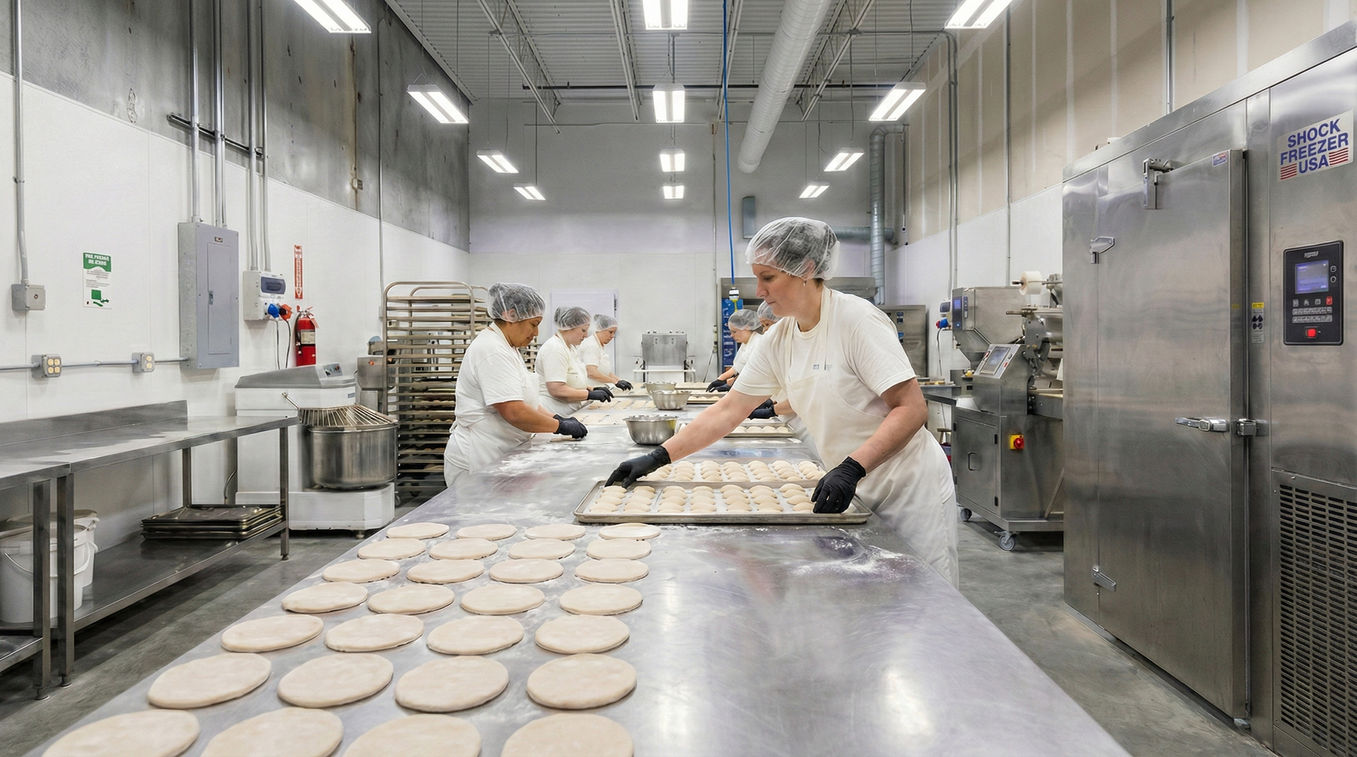 Bakers working with dough in a large industrial kitchen.